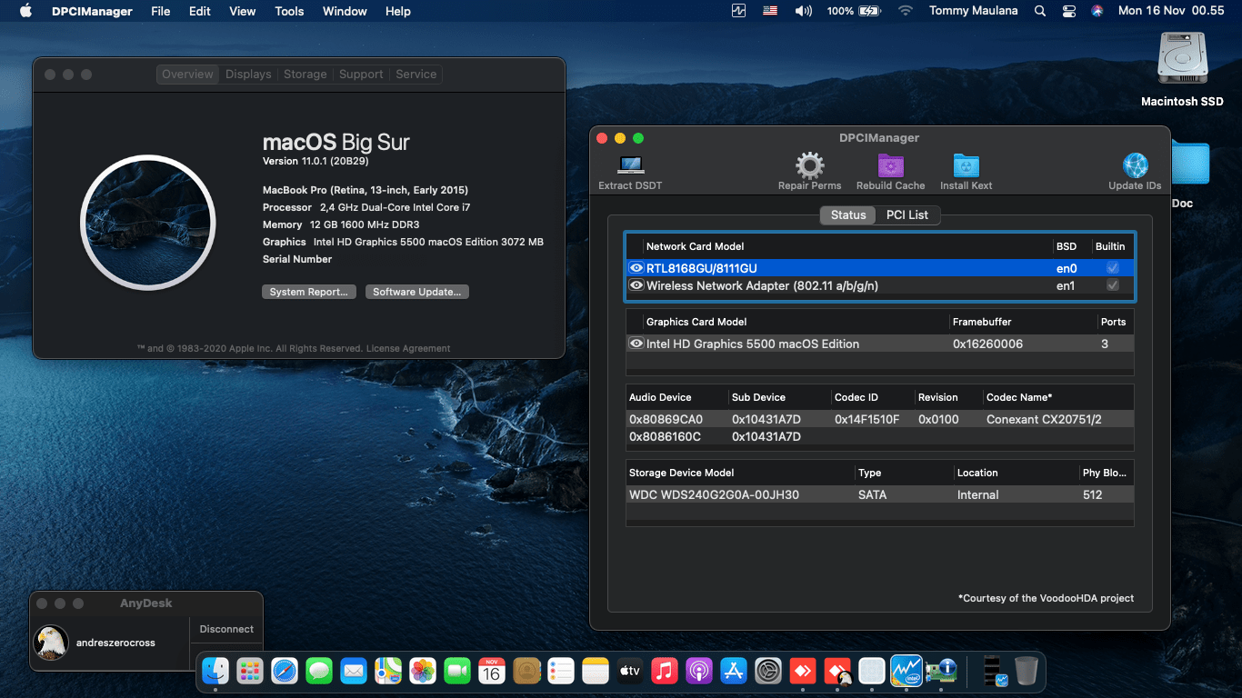 Success Hackintosh macOS Big Sur 11.0.1 Build 20B29 in Asus A455LN-WX030D